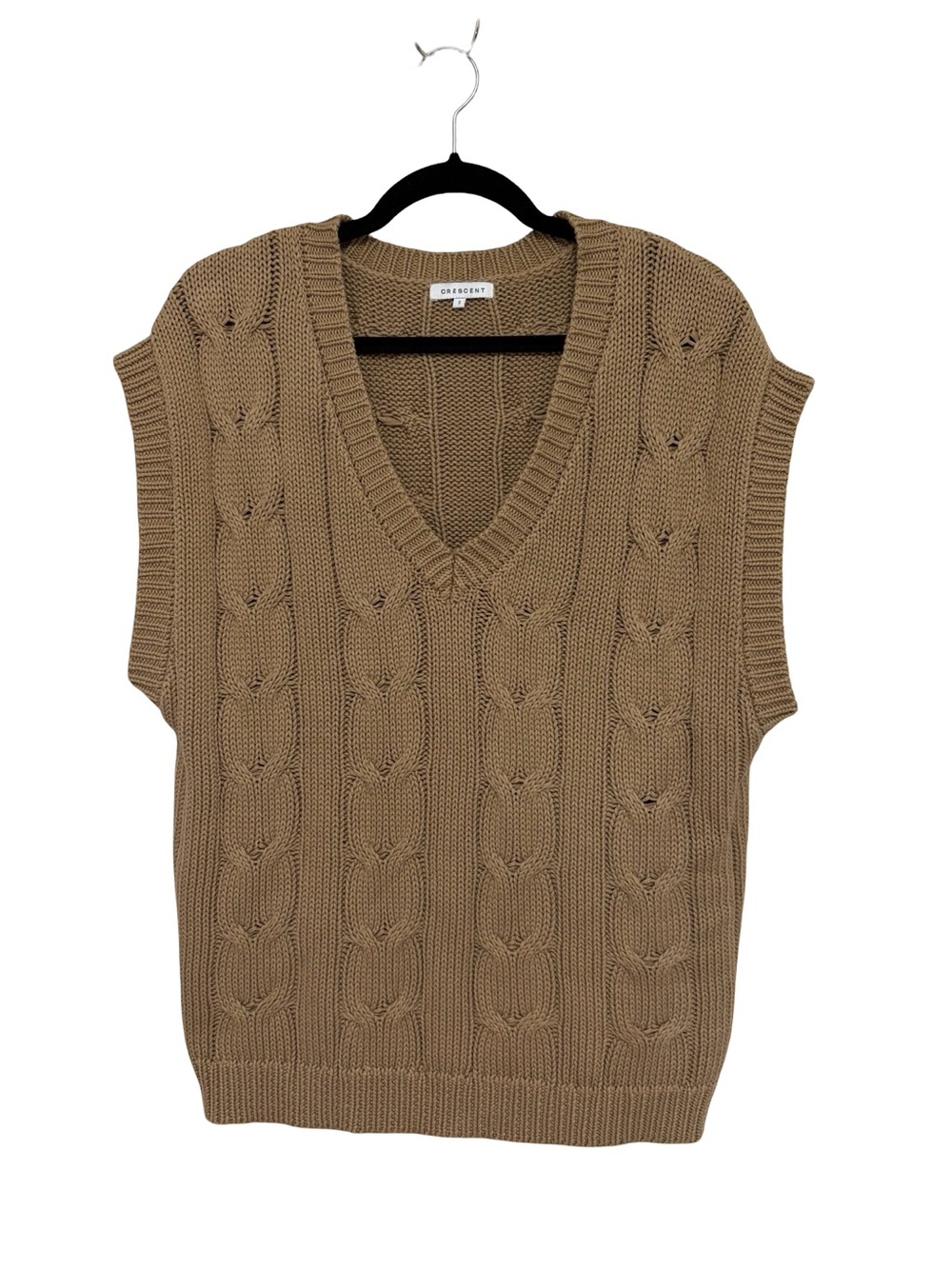 Crescent 100% Cotton Oversized Cable Knit V-Neck Sweater Vest Camel Tan - Size S